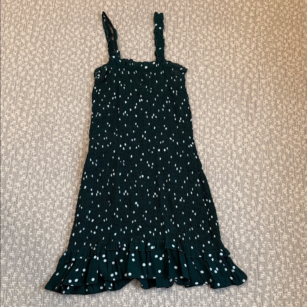 Faithfull The Brand Smocked Dark Green Polka Dot Ruffle Mini Dress, size 4